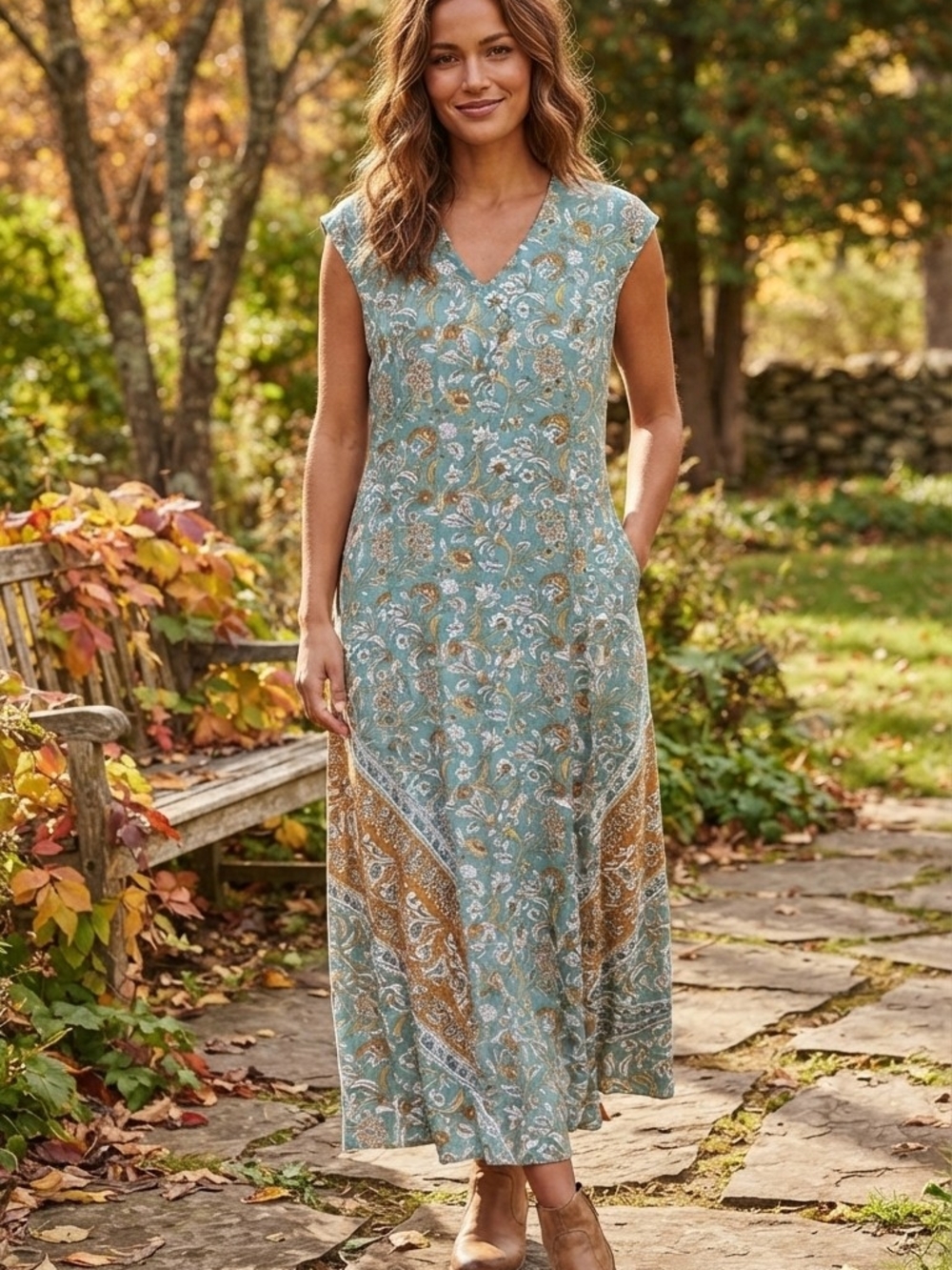 Pure Jill Floral V-Neck Maxi Dress in Teal with Paisley Panels